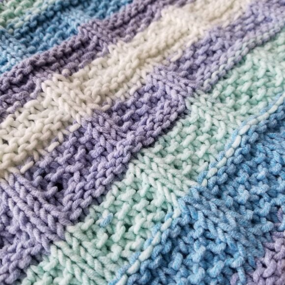 Hand Knit Blanket in Blue, Mint, and White - Picture 3 of 6